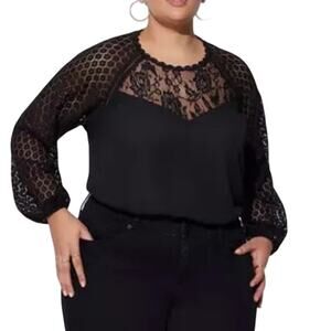 Torrid Black Romantic Goth Georgette Lace Mix Balloon Sleeve Top